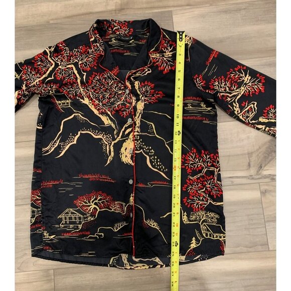 Natori Black Satin Cherry Blossom Floral Long Sleeve Button Up Shirt - Picture 8 of 13